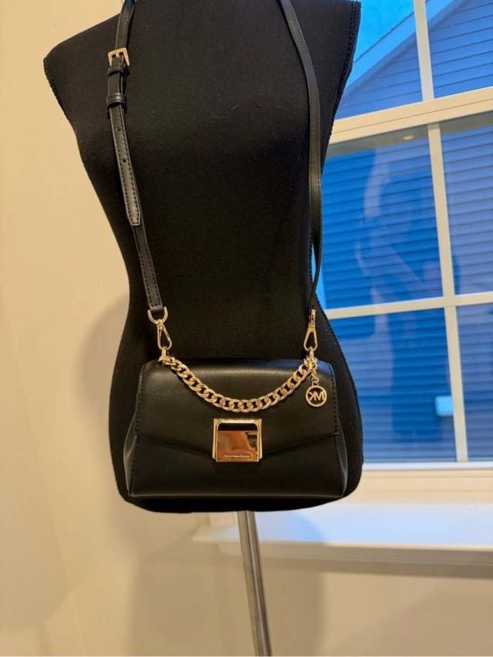 Michael Kors Black Leather Crossbody with Gold Chain Accent